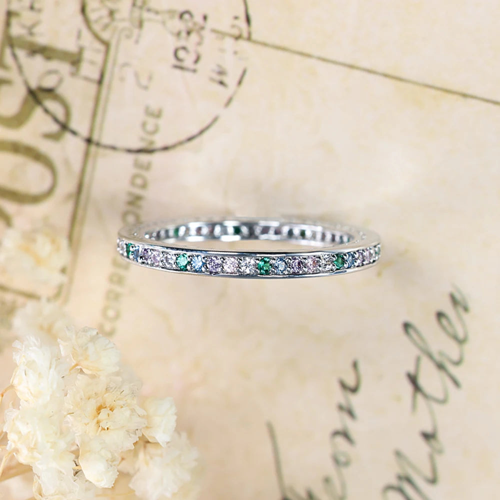 Minimalist Small Rainbow Zircon Stone Thin Rings For Women Silver Color Stacking Wedding Bands Female Daily Party Finger Jewelry