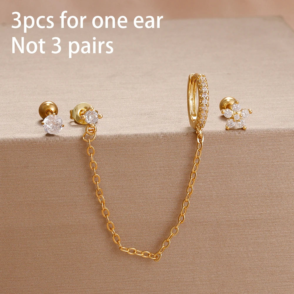 3PCS Fashion Simple Zircon Hoop Earrings Set Stainless Steel Punk
