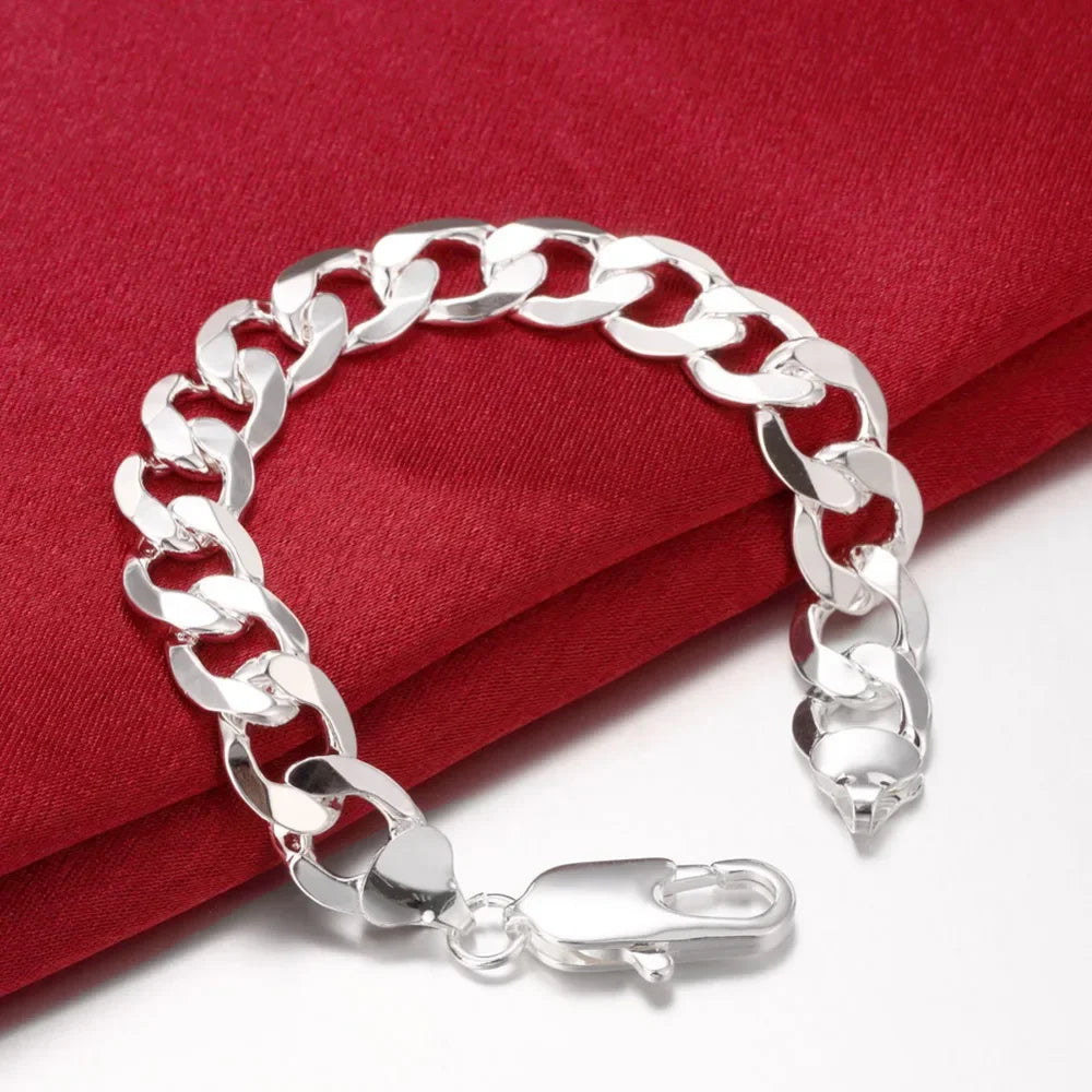 12mm Flat Sideways Chain Bracelet 925 Sterling Silver Men Women Party Gift