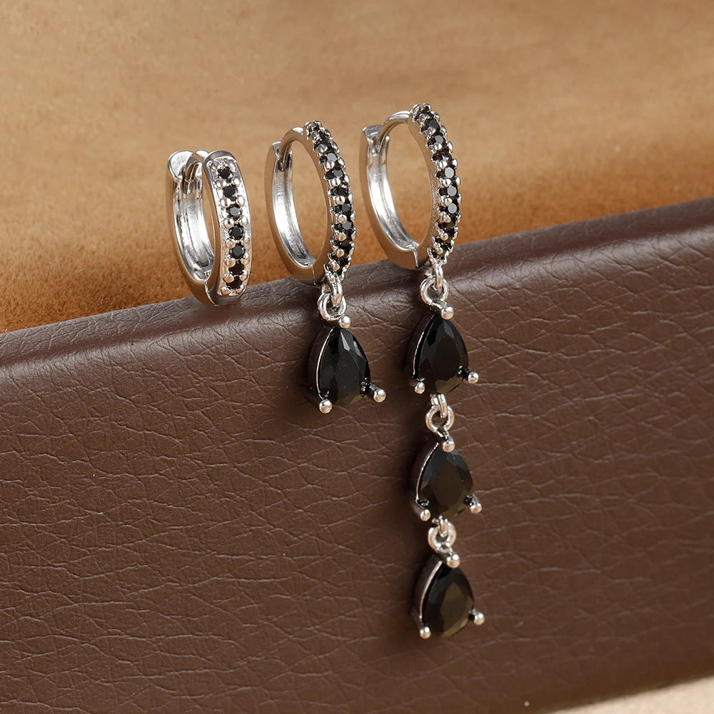3PCS Stainless Steel Water Drop Hoop Earrings 18K Gold Plated Zirconia