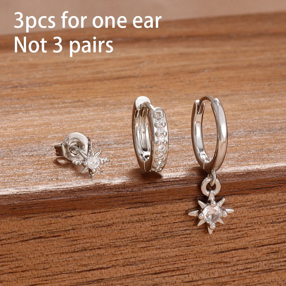 3PCS Korean Stainless Steel Butterfly Crystal Zirconia Hoop Earrings
