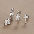 3PCS Vintage Design Four Flower Zircon Hoop Earrings Set Steel