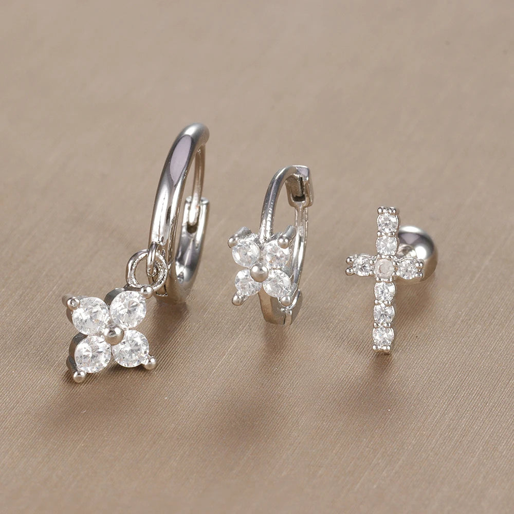3PCS Vintage Design Four Flower Zircon Hoop Earrings Set Steel