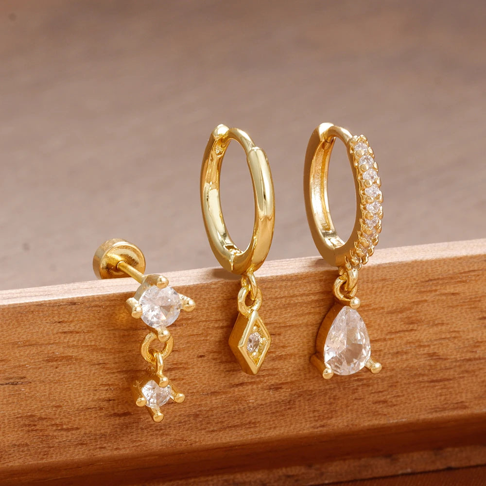 3PCS Stainless Steel Rhombus Pendant Hoop Earrings 18K Gold Plated