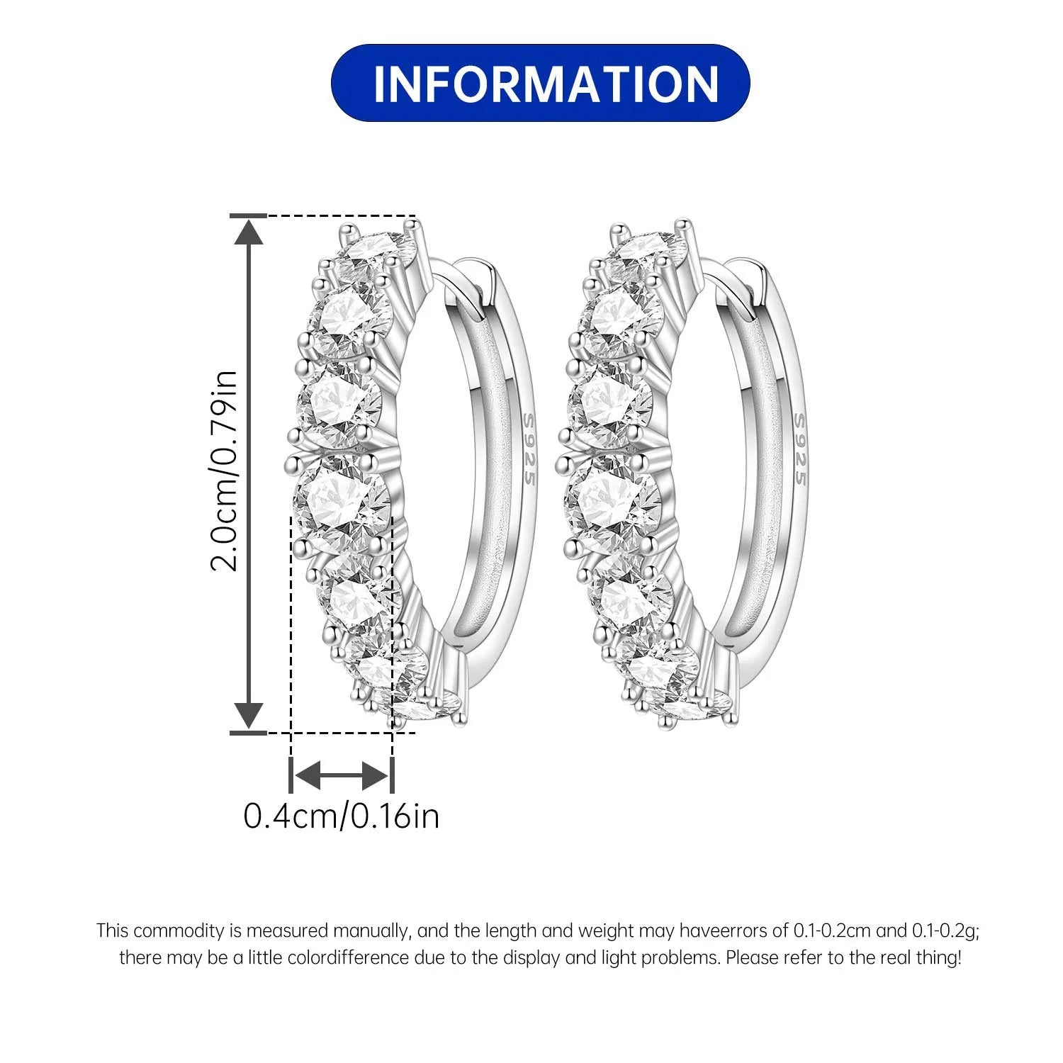 925 Sterling Silver Sparkling Zircon Hoop Earrings Trendy Jewellery Gift
