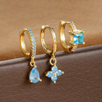 3PCS Water Drop Huggie Hoop Earrings Three-petal Flower Studs