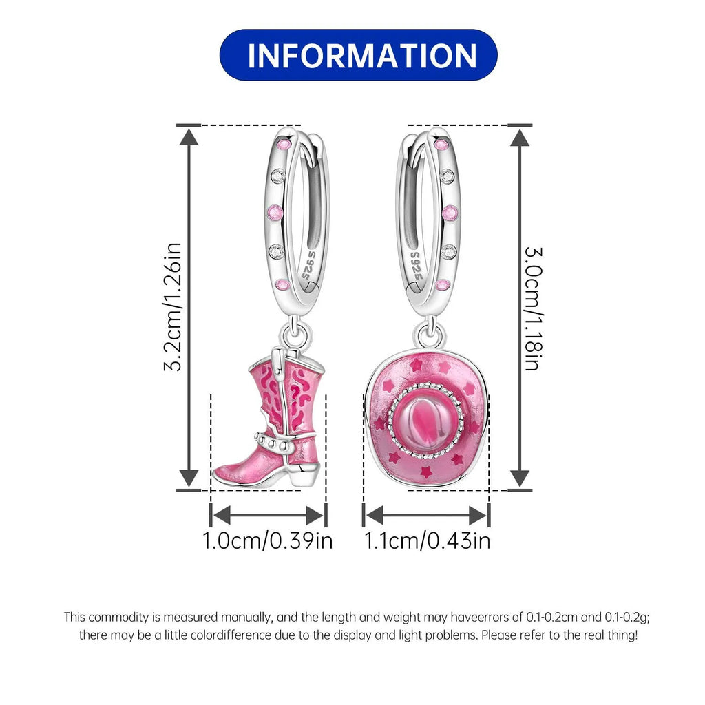 925 Sterling Silver Pink Denim Hat Boots Key Lock Drop Earrings Jewellery