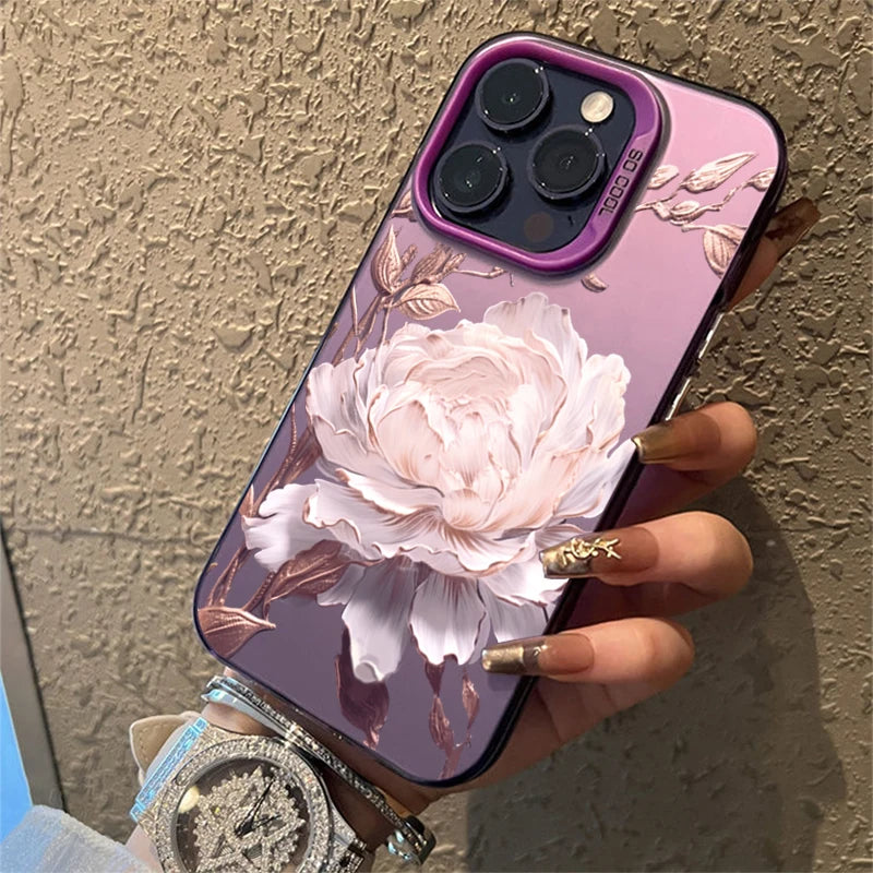 Gold Lotus Silver IMD Case for iPhone 16 15 14 13 12 11 Pro Max