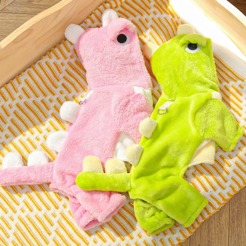 Dinosaur Pet Jumpsuit 4-Leg Winter Clothes Plush Lining Puppy Kitten Outfit
