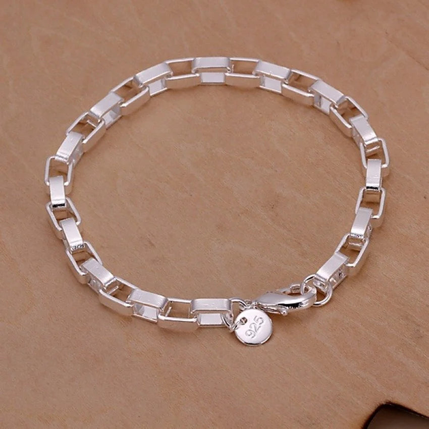 Square Solid Chain Bracelet 925 Sterling Silver Men Women Party Fashion Gift