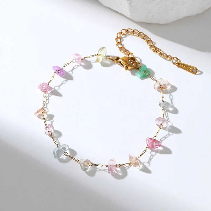 Colored Transparent Stone Stainless Steel Bracelet Exquisite Thin Chain