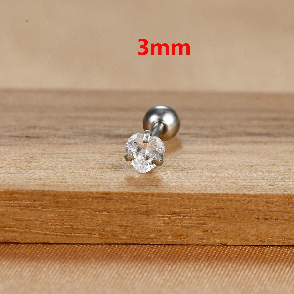 1PC Fashion Zircon Heart Helix Tragus Piercing Stud Earrings Steel