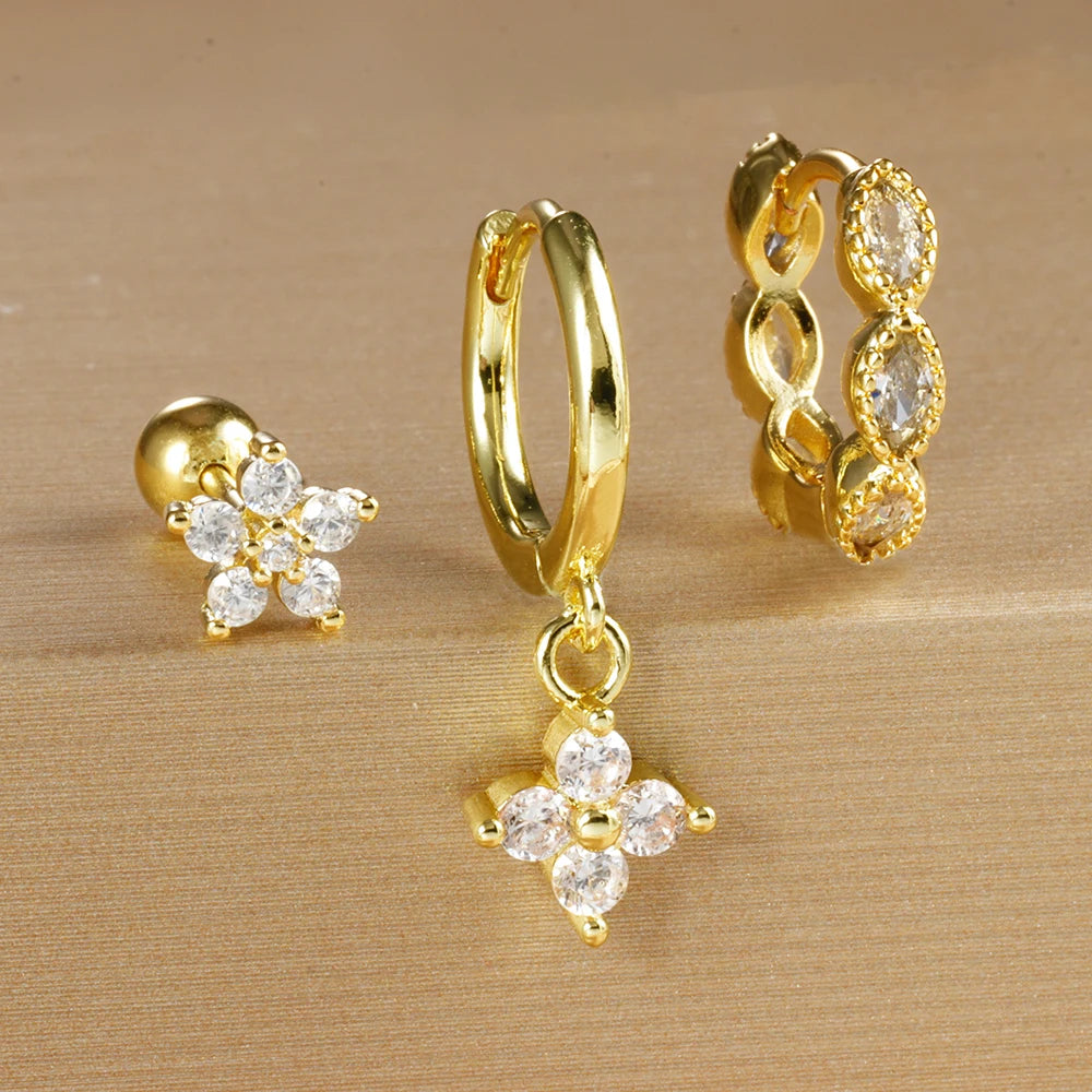 3PCS 9 Styles Gold Plated Geometric Circle Piercing Earrings Set