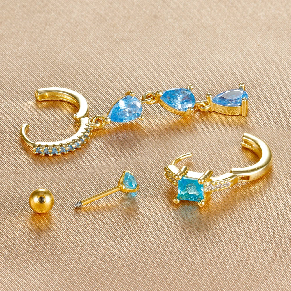 3PCS Stainless Steel Zircon Water Drop Hoop Earrings 18K Gold Heart