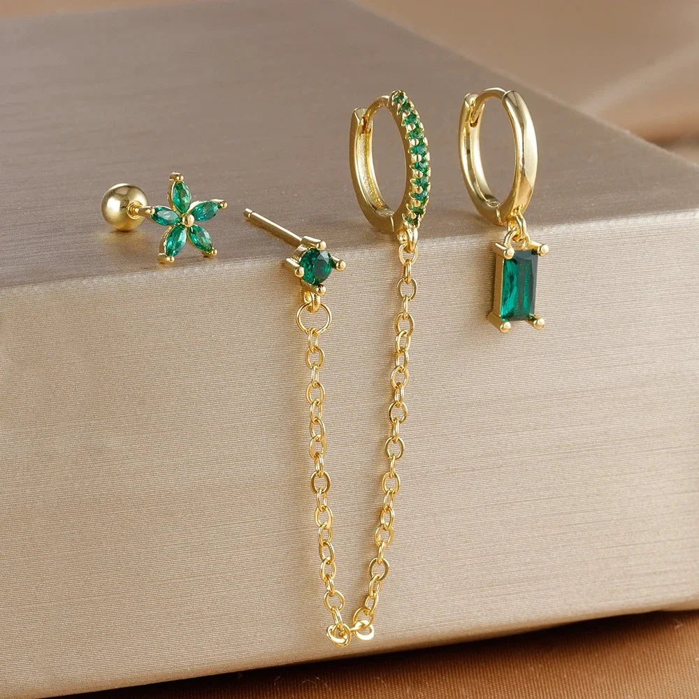 3PCS Gold Colour Chain Flower Drop Earrings Zircon Dangle Earring