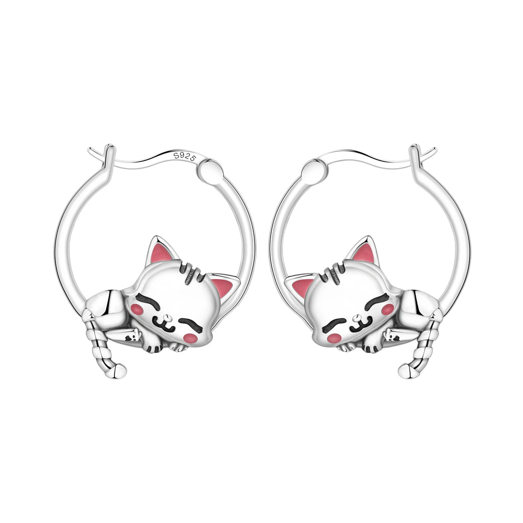 925 Sterling Silver Cute Lazy Cat Animal Pet Hoop Earrings Birthday Gift