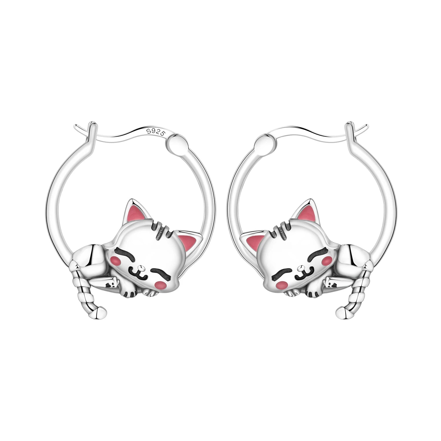 925 Sterling Silver Cute Lazy Cat Animal Pet Hoop Earrings Birthday Gift