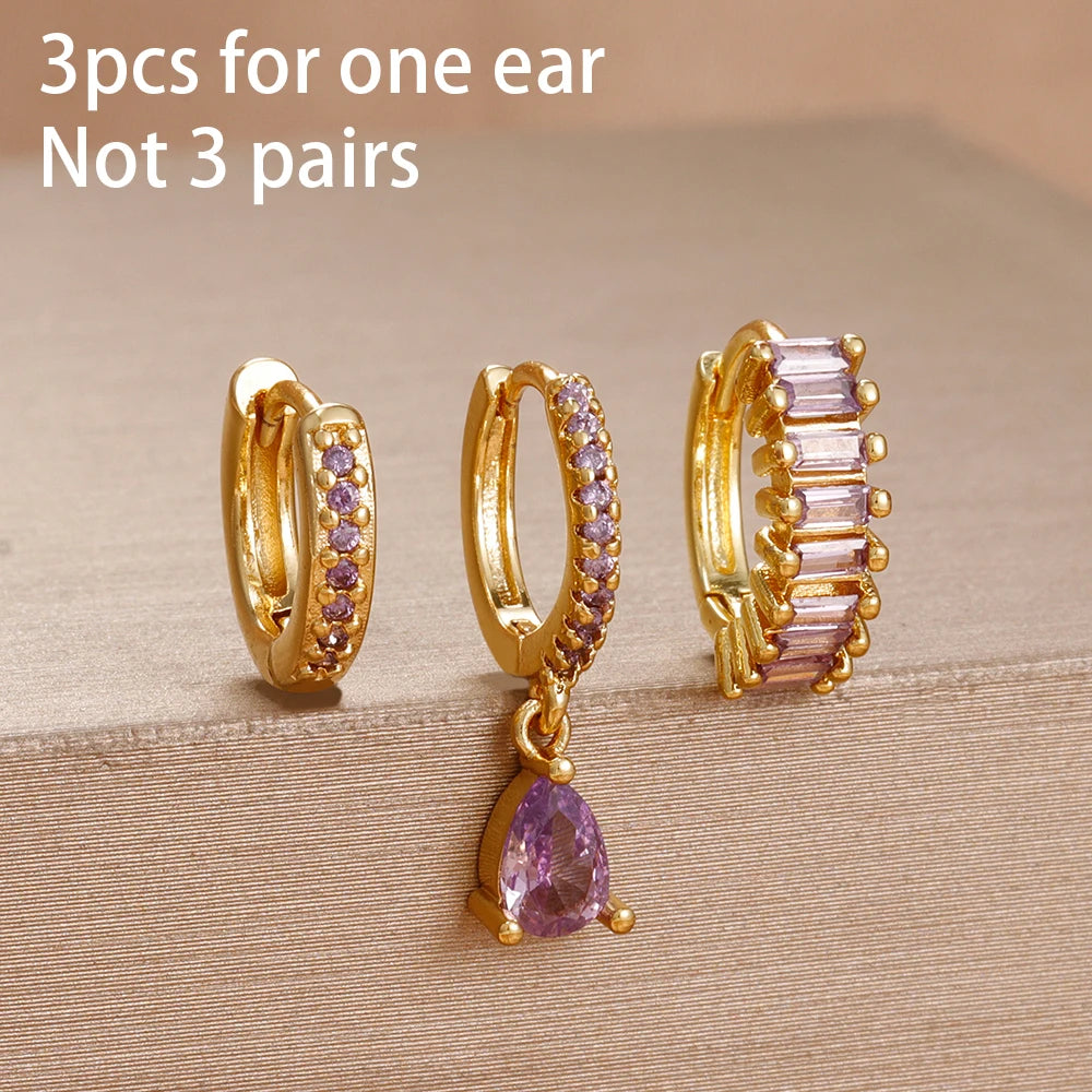3PCS Purple Zircon Hoop Earrings for Women Stainless Steel Gold Pendant