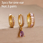 3PCS Purple Zircon Hoop Earrings for Women Stainless Steel Gold Pendant