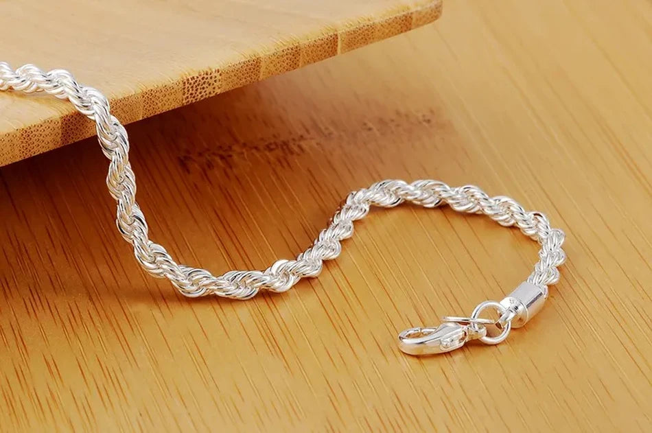 4mm Twisted Rope Chain Bracelet 925 Sterling Silver Men Women Christmas Gift