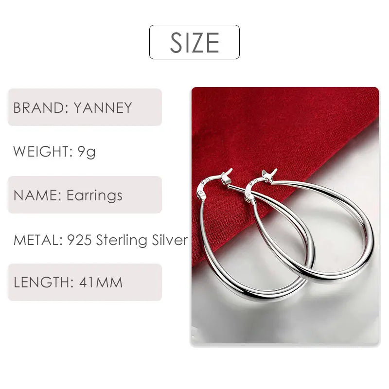 925 Sterling Silver 40mm U-Shaped Hoop Earrings Women Charm Wedding Jewellery