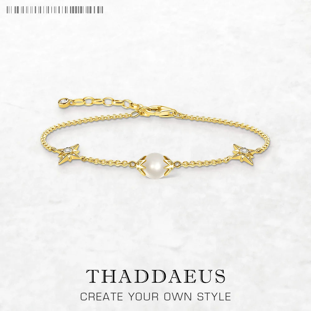 Pearl Bracelet with Stars Gold 925 Sterling Silver Bohemia Cosmic Gift