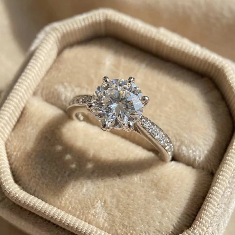 925 Sterling Silver Luxury Classic Six Claw Ring Simple Imitation Diamond Engagement Wedding Gift