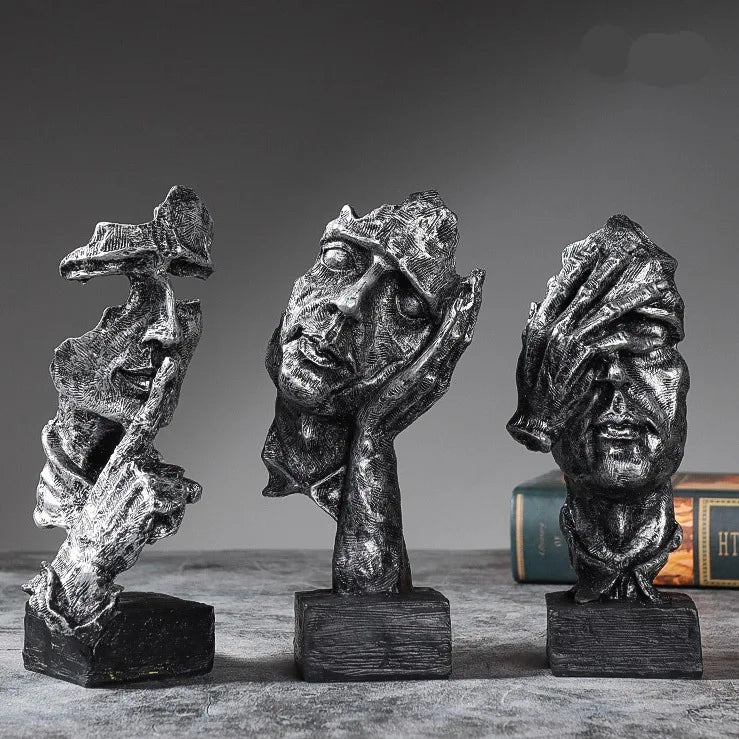 16cm Set of 3 Abstract Sculpture Resin Silence Is Gold Statue Office Bookshelf Object