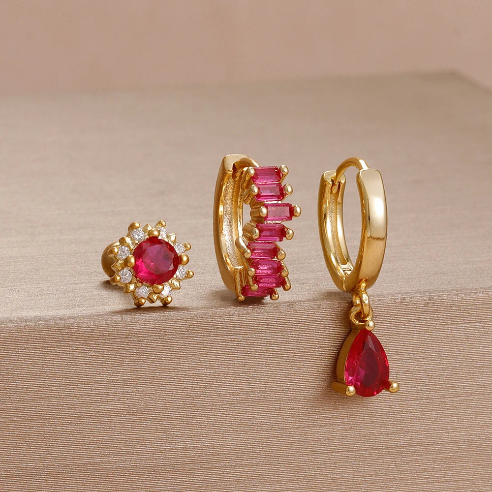 3PCS Unique Stainless Steel Earrings Set Rose Red Crystal Zircon
