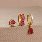 3PCS Unique Stainless Steel Earrings Set Rose Red Crystal Zircon