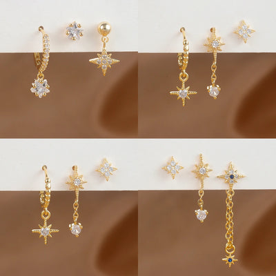 3PCS Gold Colour Star Earrings Set Zircon Pendant Stainless Steel