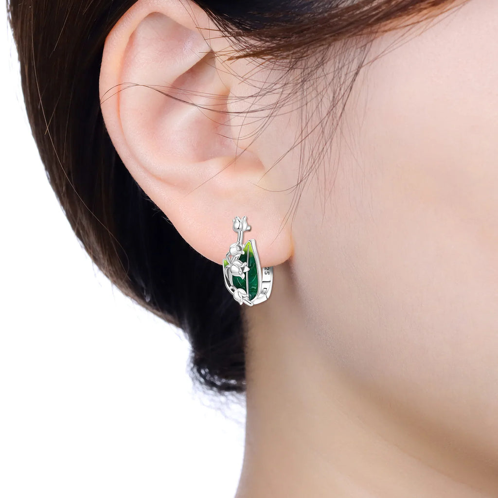 925 Sterling Silver Green Bell Orchid Ear Studs Hoop Earrings Trendy Gift