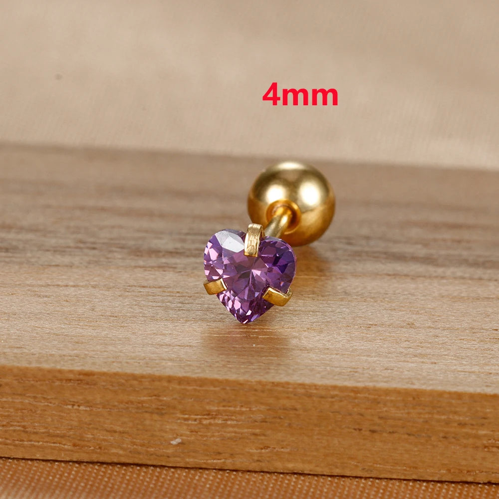 1PC Heart Stainless Steel Ear Studs Purple Crystal Stud 3-8mm