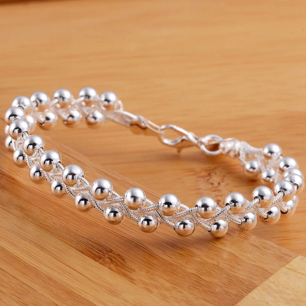 Braided Beads Chain Bracelet 925 Sterling Silver Women Christmas Gift