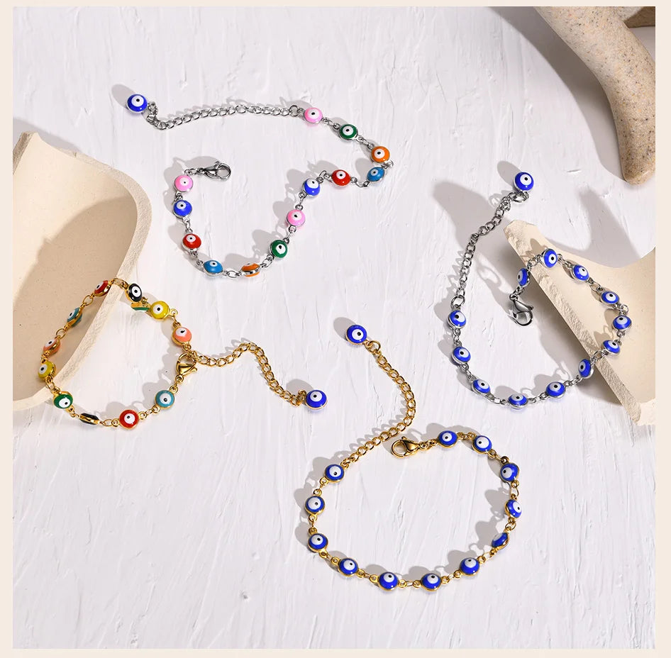 Evil Eye Bracelet,stainless Steel Chain Blue Eye Bracelet Stackable Adjustable Link, Protection Amulet Jewelry