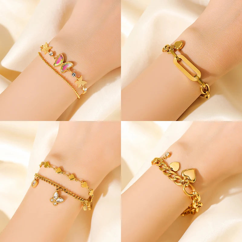 Gold Colour Stainless Steel Charm Bracelet Trendy Textured Jewellery