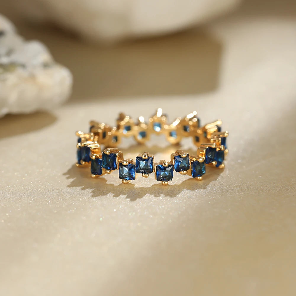 Irregular Square Zircon Engagement Ring Vintage Female Royal Blue Stone Thin Ring Antique Gold Color Wedding Rings For Women CZ