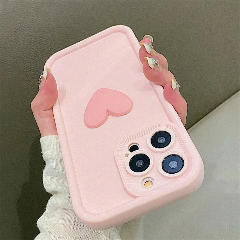 3D Love Heart Pink Matte Case for iPhone 17 16 15 14 13 12 11 Pro Max Plus