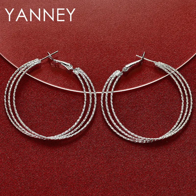 925 Sterling Silver 50mm Frosted 3 Circle Hoop Earrings Women Fashion Wedding