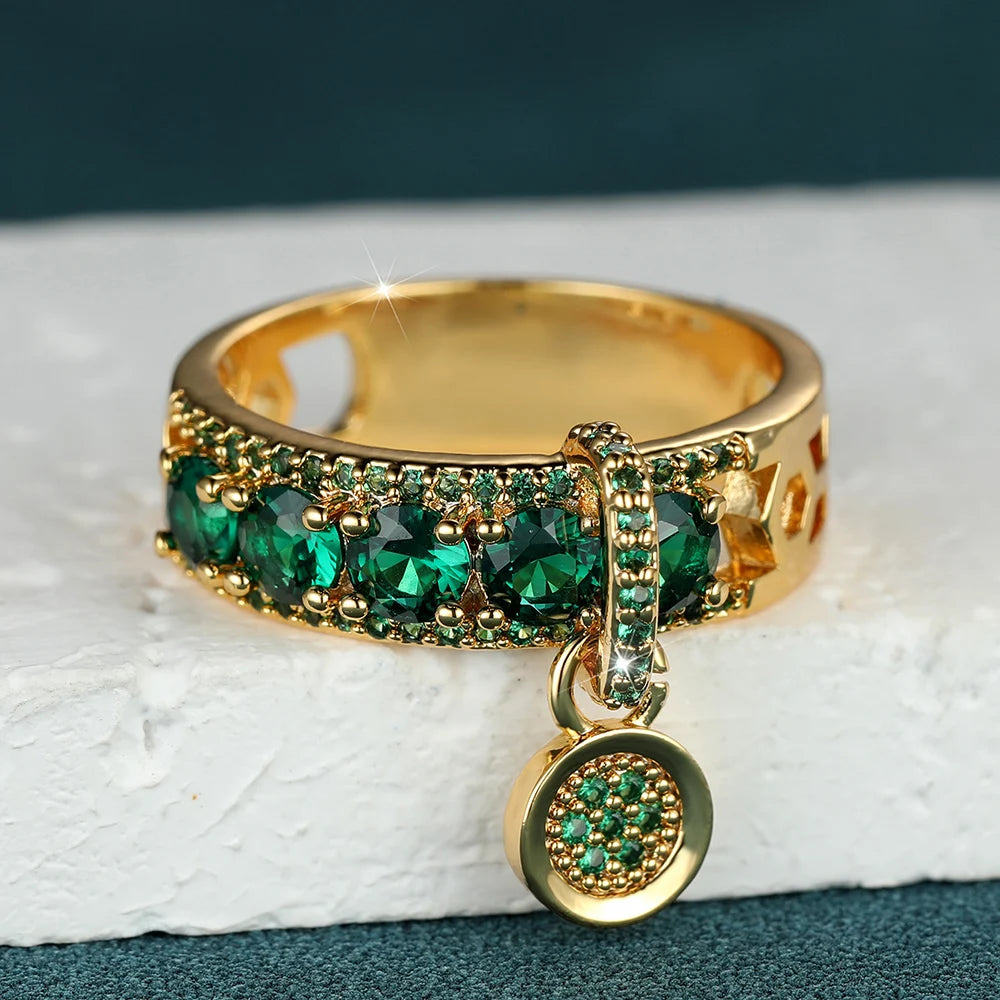 Antique Green Stone Dangle Pendant Ring Gold Color Zircon Round Rings For Women Dainty Wedding Bands Valentine Day Jewelry Gifts