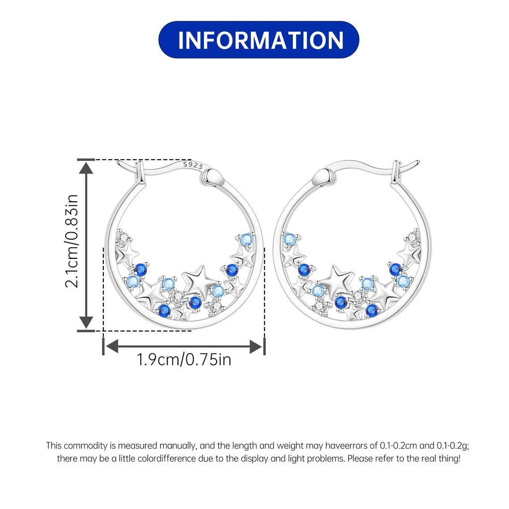 925 Sterling Silver Blue Zircon Starry Sky Hoop Earrings Trendy Jewellery