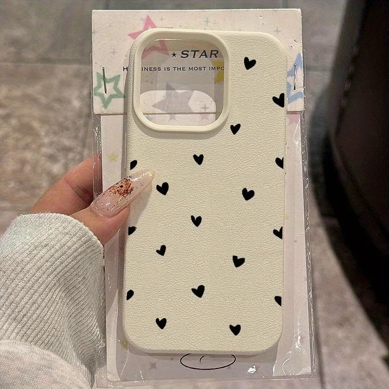 Black Love Heart Lychee Case for iPhone 17 16 15 14 13 12 Pro Max