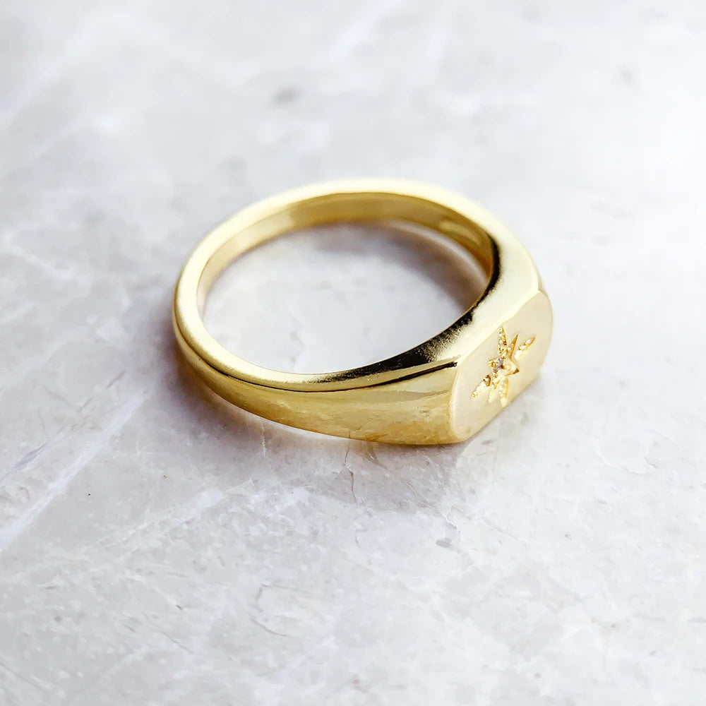 Signet Ring Vintage Star Gold 925 Sterling Silver Nostalgic Jewellery Women