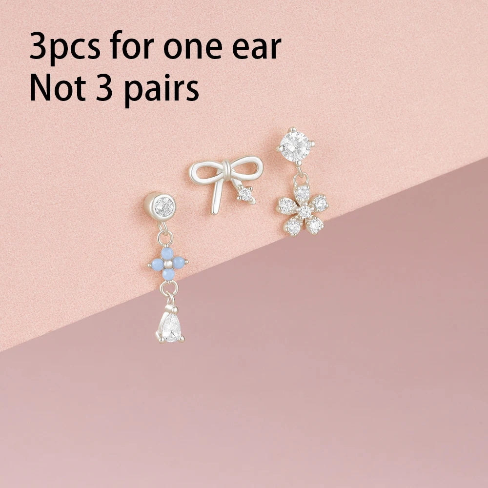 3PCS Stainless Steel Blue Opal Stone Flower Bowknot Petal Piercing
