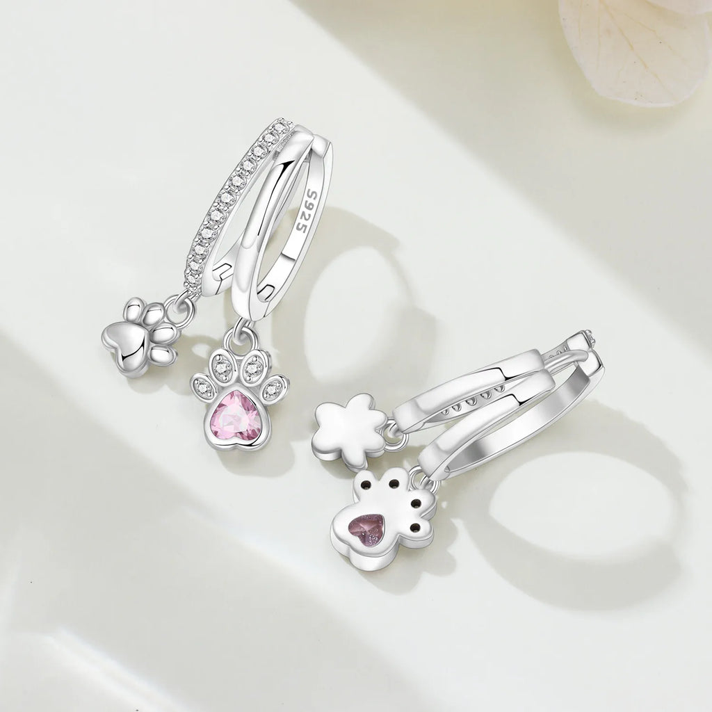 925 Sterling Silver Double Layer Pet Paw Print Drop Earrings Fashion Gift