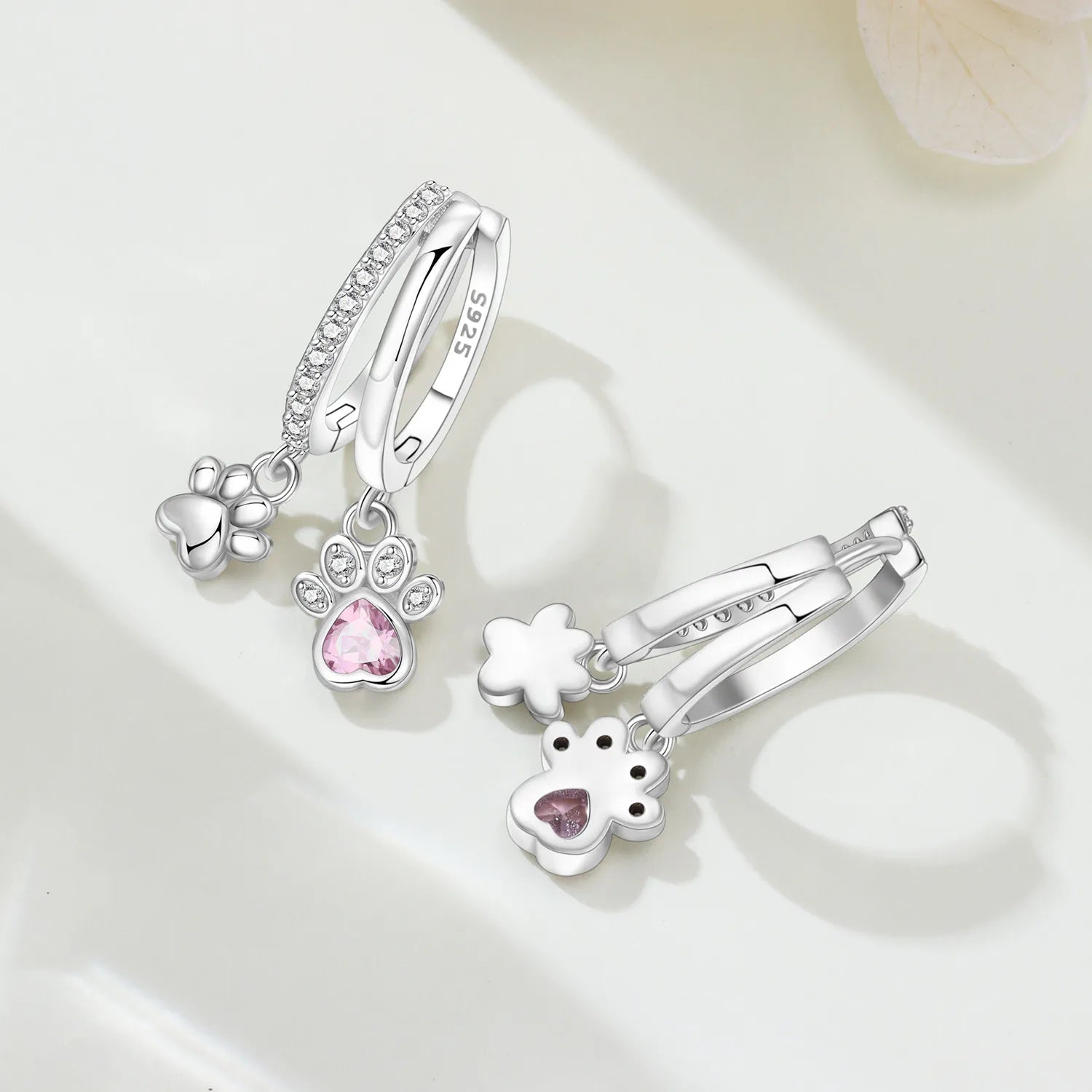 925 Sterling Silver Double Layer Pet Paw Print Drop Earrings Fashion Gift