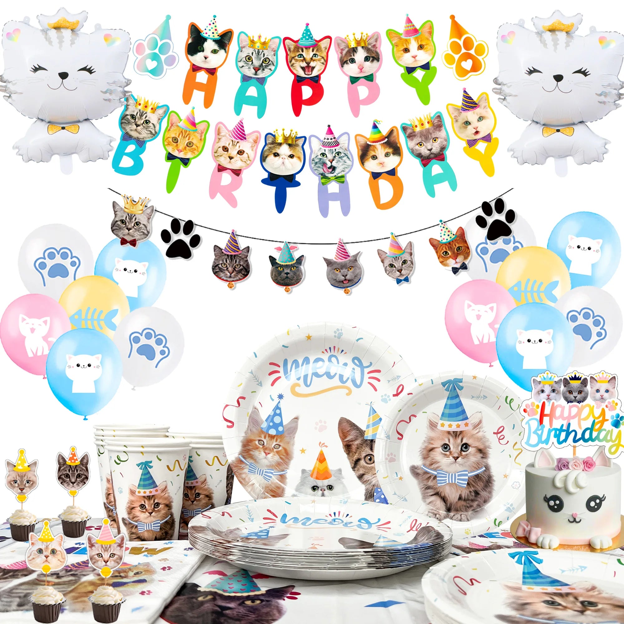 93pc Cat Birthday Party Decorations Kitten Tableware Set Banner - Ship from UK