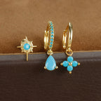 3PCS Stainless Steel Cubic Zirconia Water Drop Hoop Earrings Blue