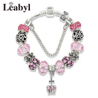Romantic Pink Heart Charm Bracelet Fine Crystal DIY Bead Bangle Gift