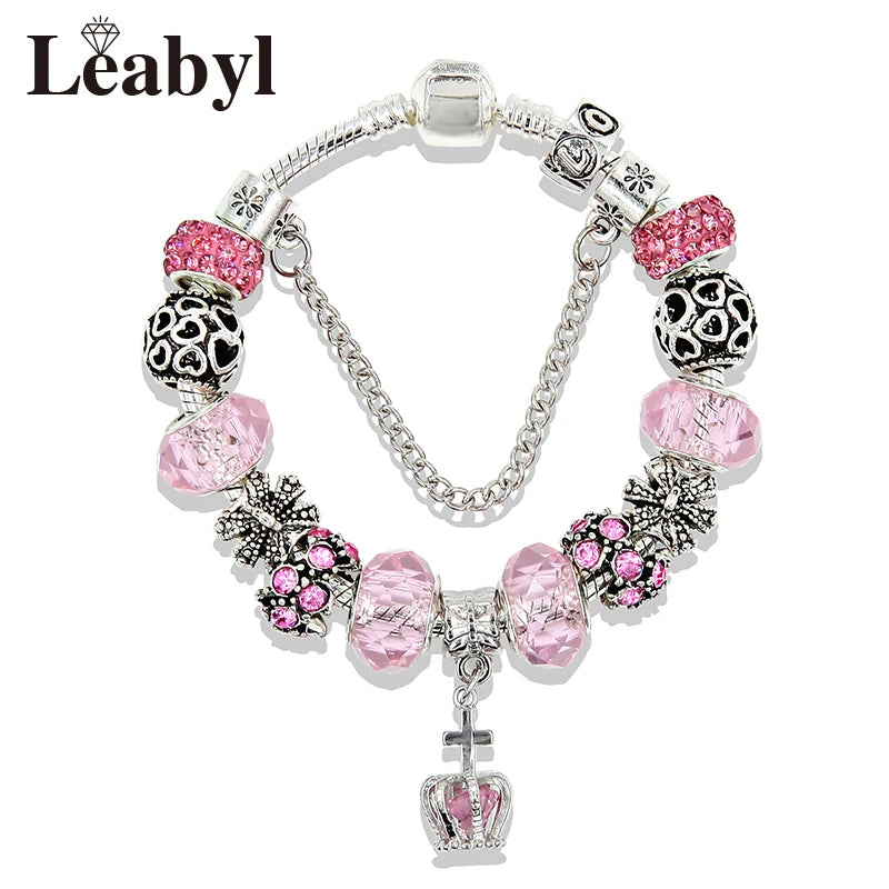 Romantic Pink Heart Charm Bracelet Fine Crystal DIY Bead Bangle Gift